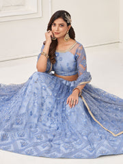 Ice Blue Foil Mirror Embroidery Wedding Lehenga Choli