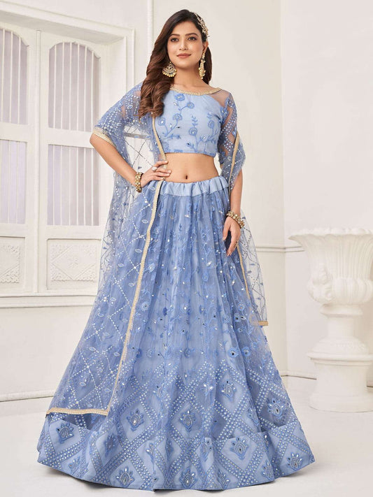 Ice Blue Foil Mirror Embroidery Wedding Lehenga Choli