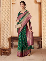 Green Ethnic Motif Zari Woven Design Embellished Saree
