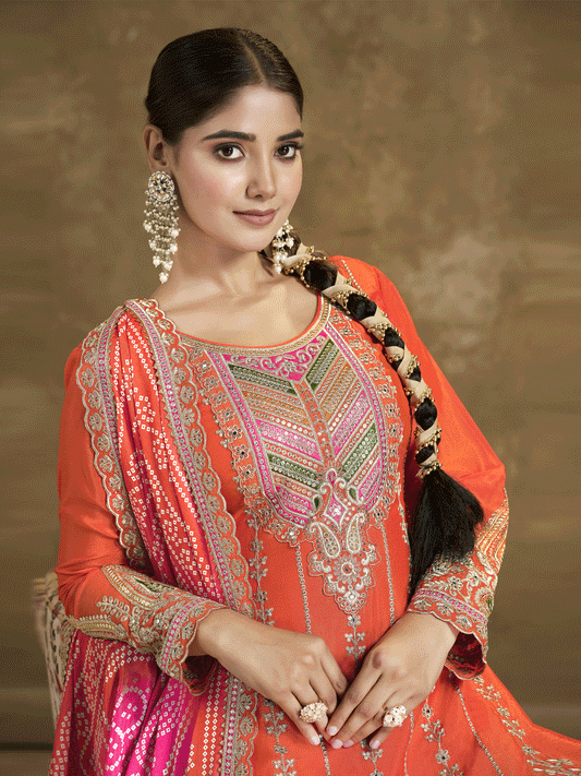 Orange Bandhni Silk embroiderd Dhoti Suit