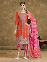 Orange Bandhni Silk embroiderd Dhoti Suit