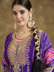 Violet Bandhni Silk embroiderd Dhoti Suit
