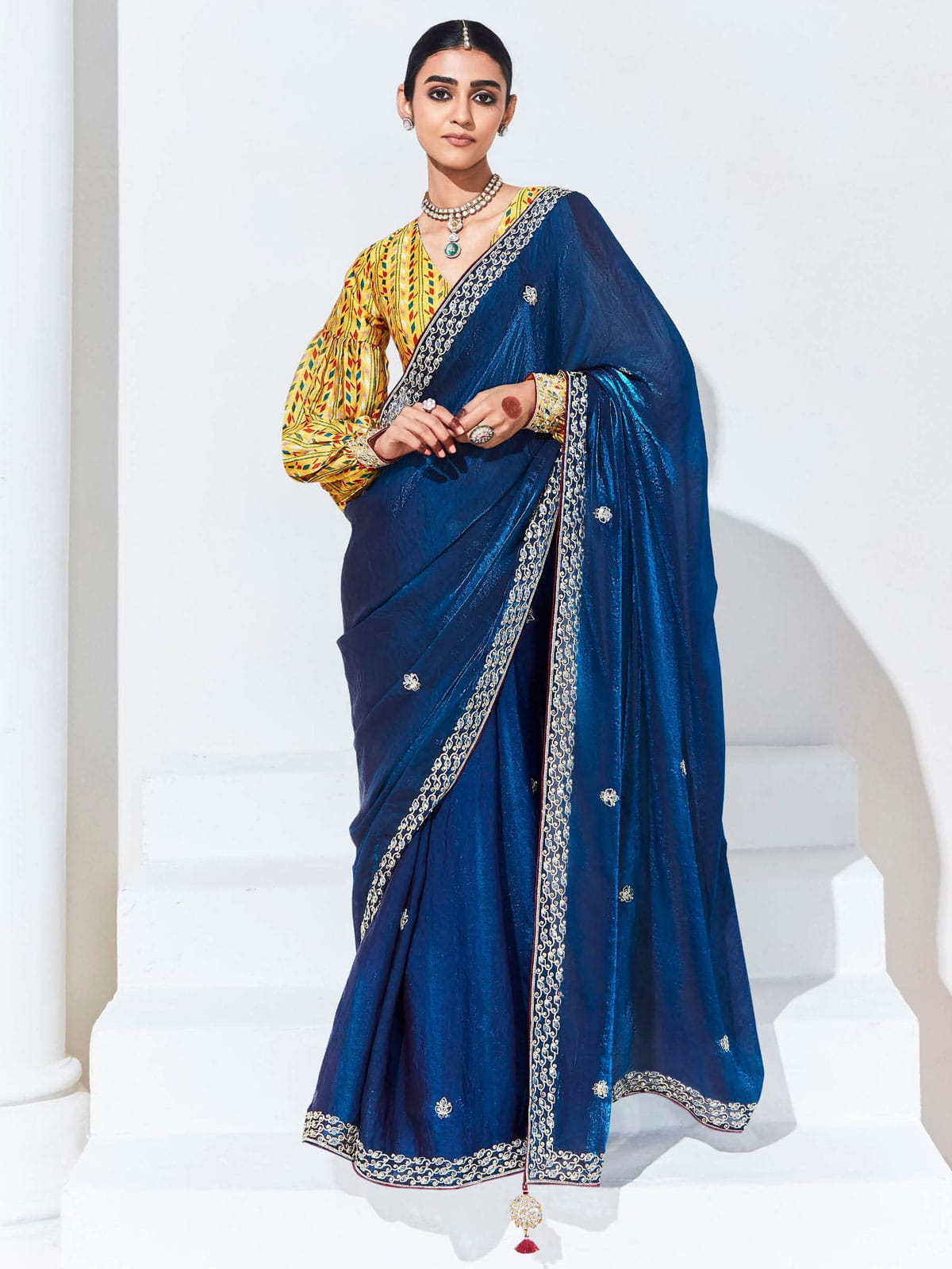 Navy blue saree with yellow blouse clearance