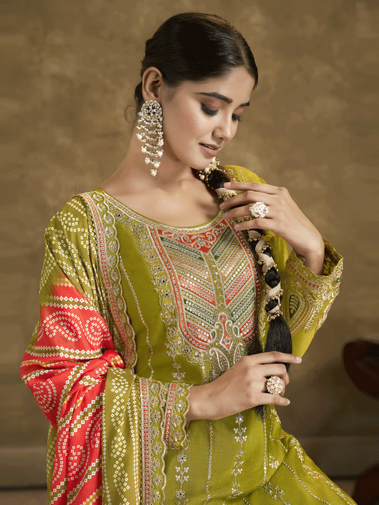 Green Bandhni Silk embroiderd Dhoti Suit