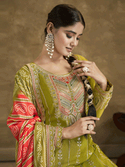 Green Bandhni Silk embroiderd Dhoti Suit