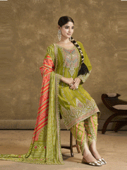 Green Bandhni Silk embroiderd Dhoti Suit