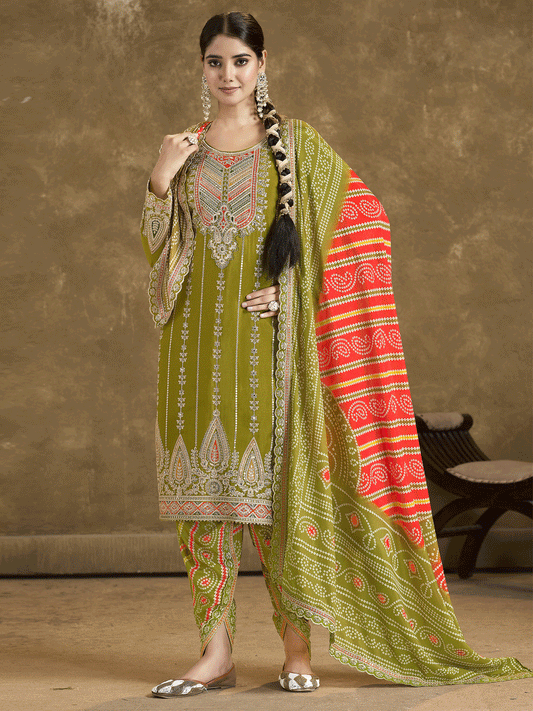 Green Bandhni Silk embroiderd Dhoti Suit