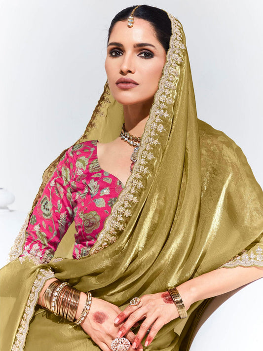 Gold Organza Tissue Silk Saree With Blouse