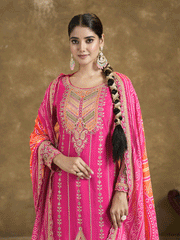 Pink Bandhni Silk embroiderd Dhoti Suit