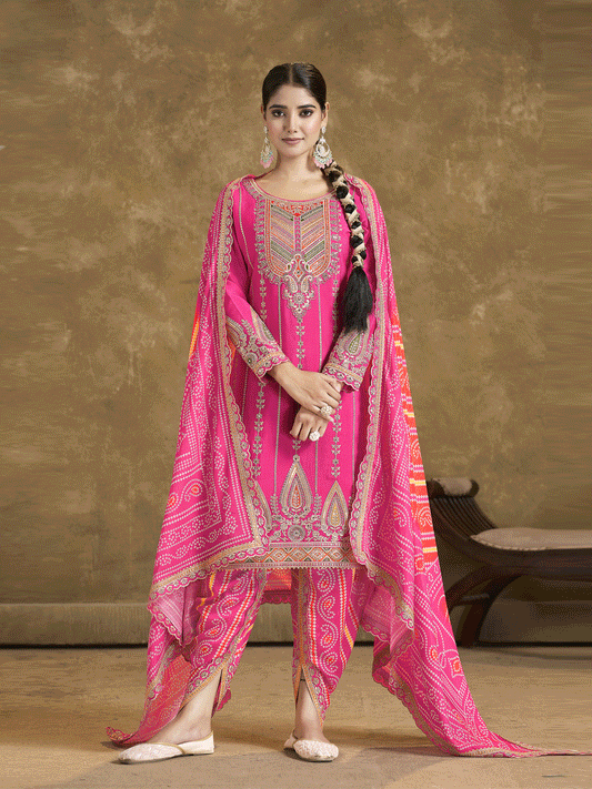 Pink Bandhni Silk embroiderd Dhoti Suit