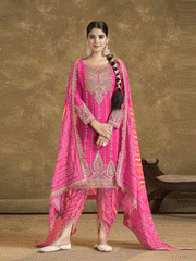 Pink Bandhni Silk embroiderd Dhoti Suit
