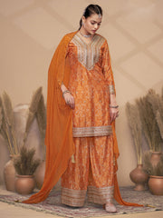 Orange Chinon Bandhini Print Embroidered Sequins Palazzo Suit