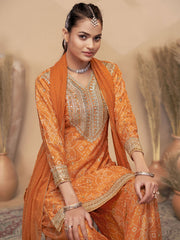 Orange Chinon Bandhini Print Embroidered Sequins Palazzo Suit