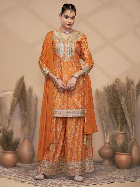 Orange Chinon Bandhini Print Embroidered Sequins Palazzo Suit