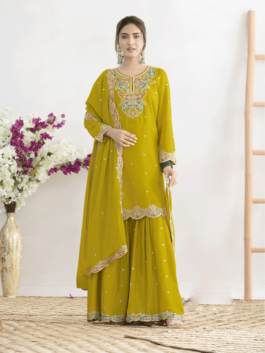 Pink Chinon Silk Bandhini Printed Zari Embroidered Sequins Palazzo Suit