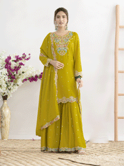 Pink Chinon Silk Bandhini Printed Zari Embroidered Sequins Palazzo Suit