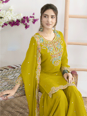 Pink Chinon Silk Bandhini Printed Zari Embroidered Sequins Palazzo Suit