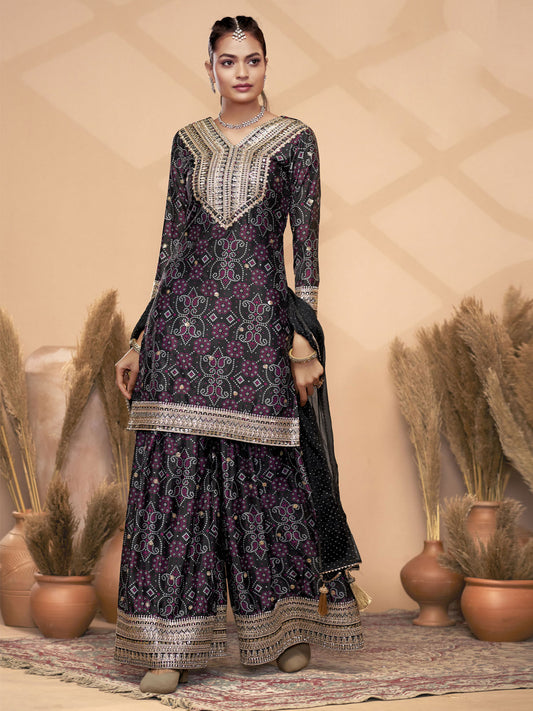 Black Chinon Bandhini Print Embroidered Sequins Palazzo Suit