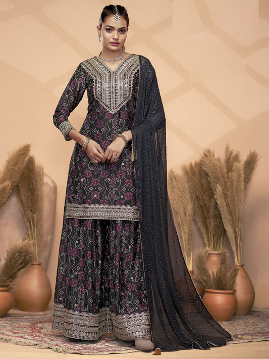 Black Chinon Bandhini Print Embroidered Sequins Palazzo Suit