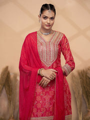 Red Chinon Bandhini Print Embroidered Sequins Palazzo Suit