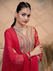 Red Chinon Bandhini Print Embroidered Sequins Palazzo Suit