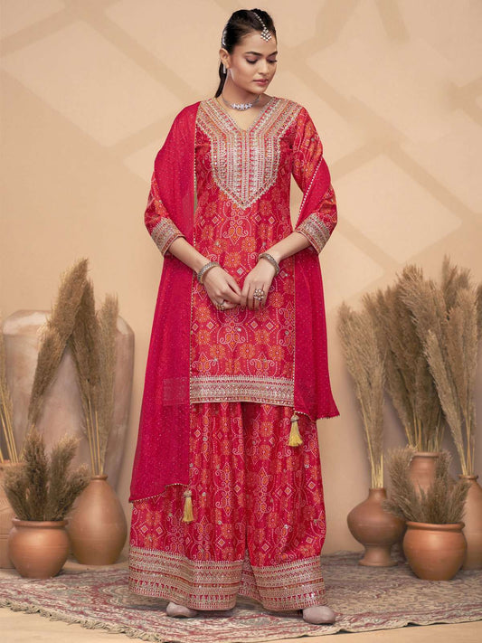 Red Chinon Bandhini Print Embroidered Sequins Palazzo Suit