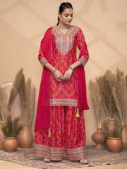 Red Chinon Bandhini Print Embroidered Sequins Palazzo Suit