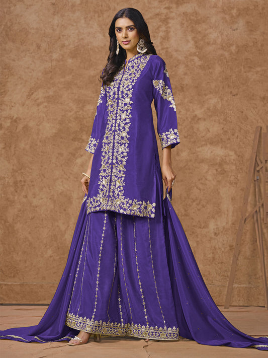 Violet Embroidered Silk Palazzo Suit