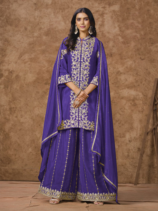 Violet Embroidered Silk Palazzo Suit