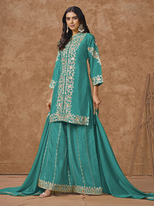 Teal Embroidered Silk Palazzo Suit