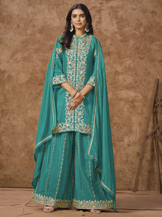 Teal Embroidered Silk Palazzo Suit