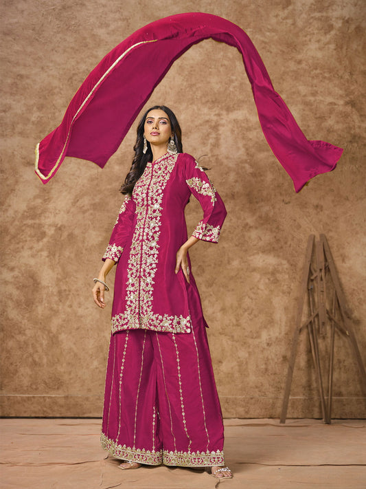 Hot Pink Embroidered Silk Palazzo Suit
