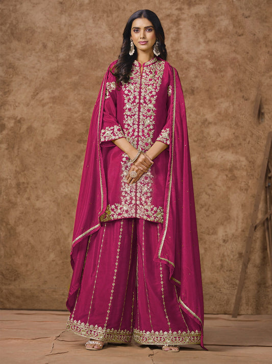 Hot Pink Embroidered Silk Palazzo Suit