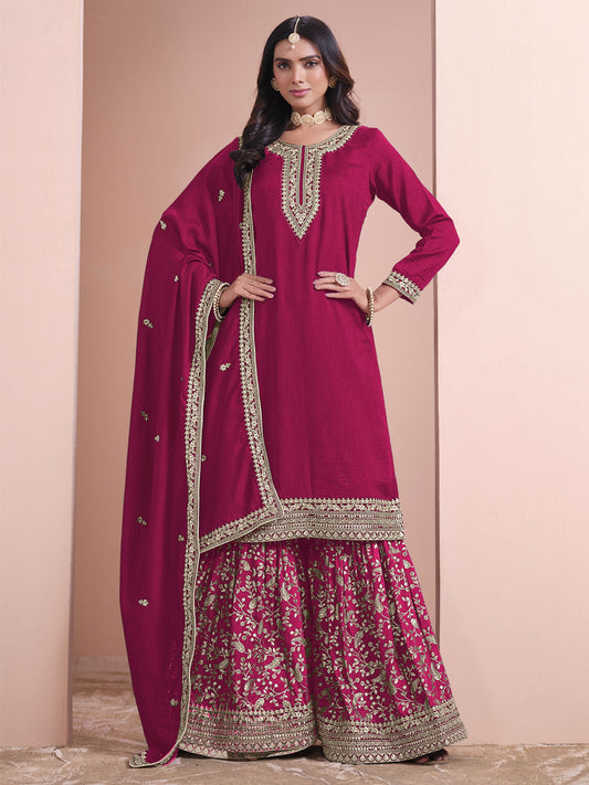 Hot Pink Embroidered Gharara Style Suit