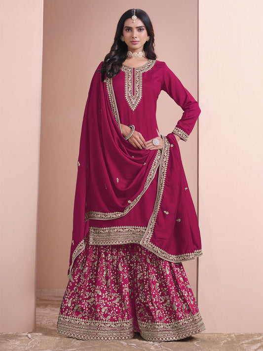 Hot Pink Embroidered Gharara Style Suit