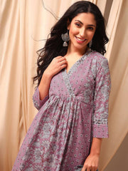 Pink Women Floral Printed Angrakha Thread Work Kurta with Trousers