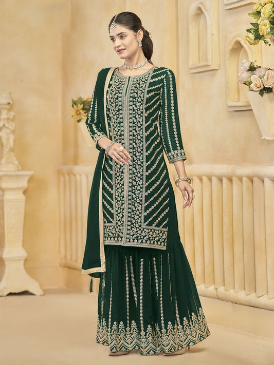 Green Embroidered Festive Sharara Suit