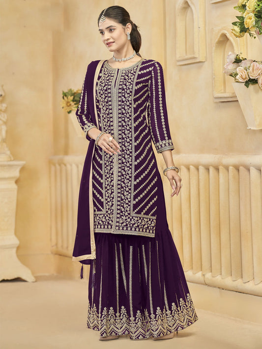 Purple Embroidered Festive Sharara Suit