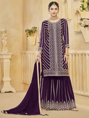 Purple Embroidered Festive Sharara Suit