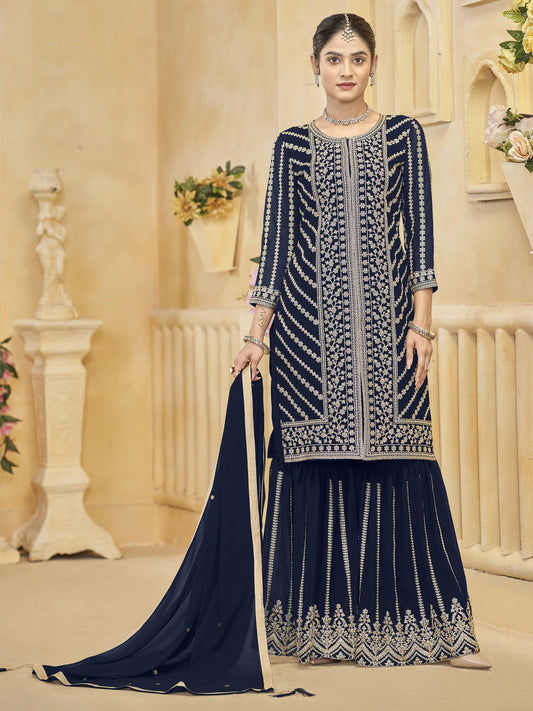 Blue Embroidered Festive Sharara Suit