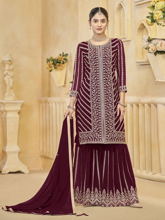 Maroon Embroidered Festive Sharara Suit