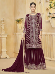 Maroon Embroidered Festive Sharara Suit