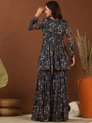 Navy Blue Floral Printed Pleated Gotta Patti Kurti With Sharara