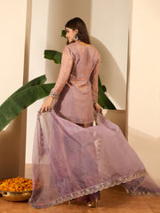 Women Crushed Oraganza Silk Embroidered Kurta Set with Dupatta