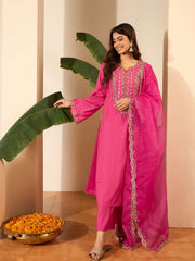 Ethnic Motifs Embroidered Thread Work Kurta With Trousers & Dupatta