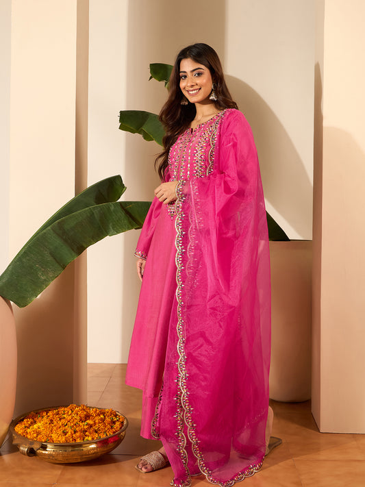 Ethnic Motifs Embroidered Thread Work Kurta With Trousers & Dupatta