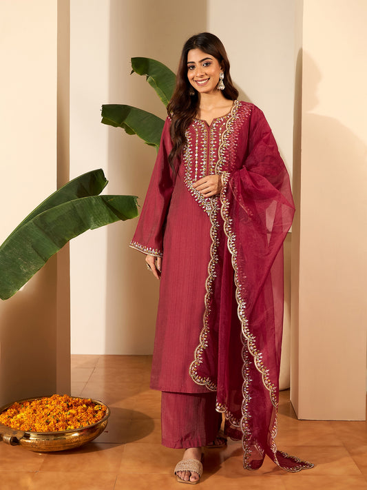 Ethnic Motifs Embroidered Thread Work Kurta With Trousers & Dupatta