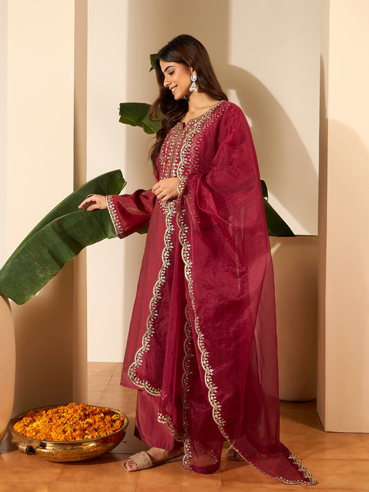 Ethnic Motifs Embroidered Thread Work Kurta With Trousers & Dupatta