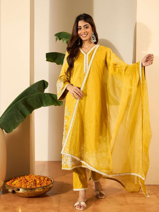 Floral Embroidered V-Neck Thread Work Straight Kurta & Trousers With Dupatta