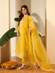 Floral Embroidered V-Neck Thread Work Straight Kurta & Trousers With Dupatta